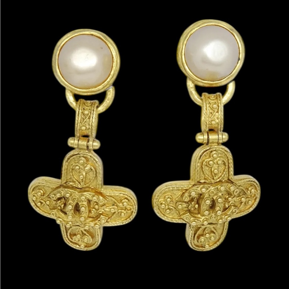 CHANEL Vintage 1994 CC Faux-Pearl Clip-on Cross Earrings